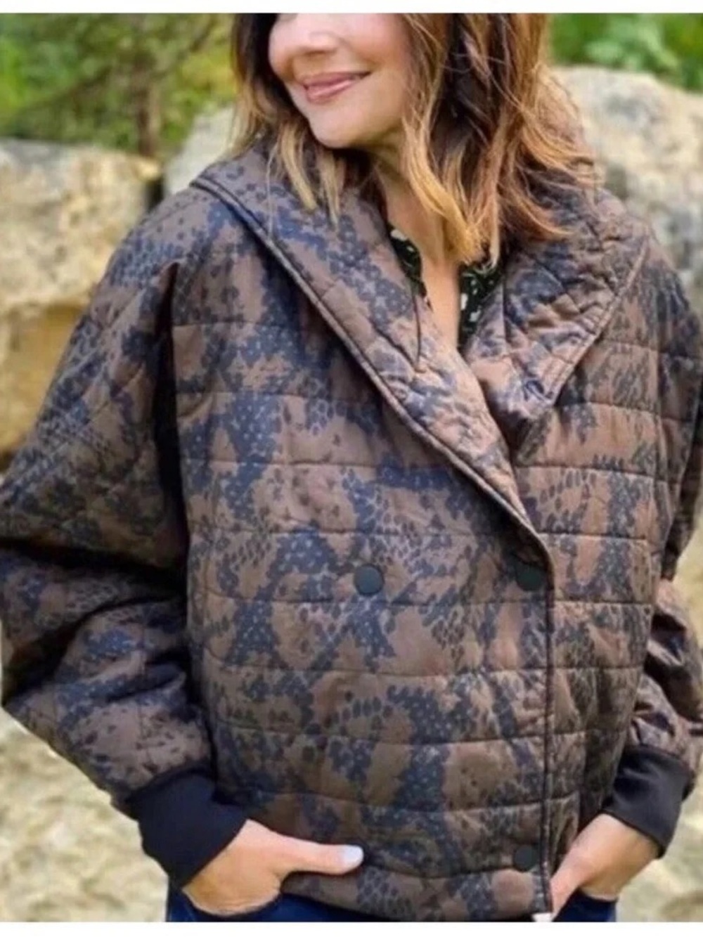 CAbi Brown Quilted Python Print Hooded Shawl-Collar Puffer Jacket